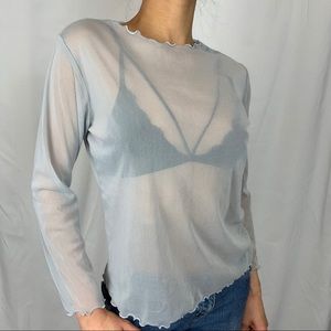 Mesh Long-sleeve Shirt with Lettuce Hem Detail